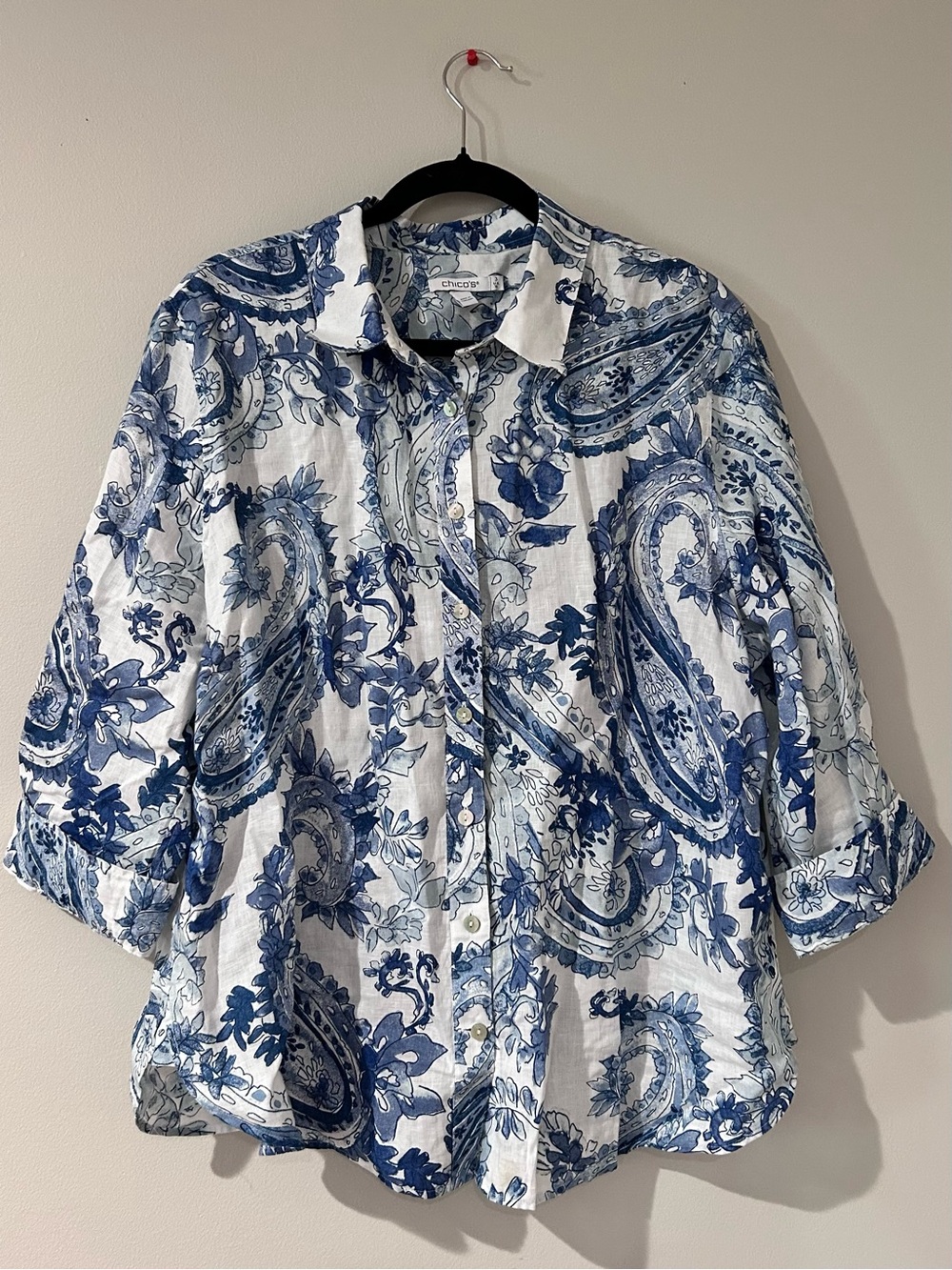 Chico's White and Blue Paisley Button-Front Shirt